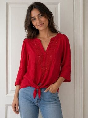 Chico's Red Button-Down Tie-Front Embroidered Top
